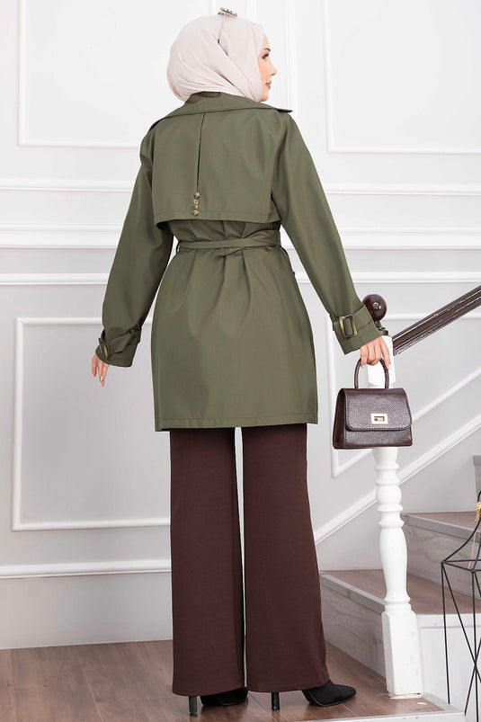 Wrap Collar Belted Trench Coat In Khaki