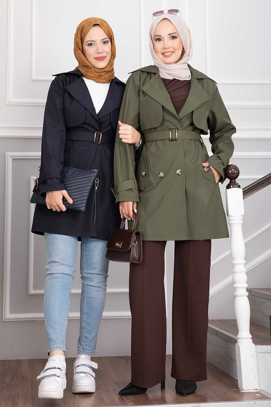 Wrap Collar Belted Trench Coat In Khaki