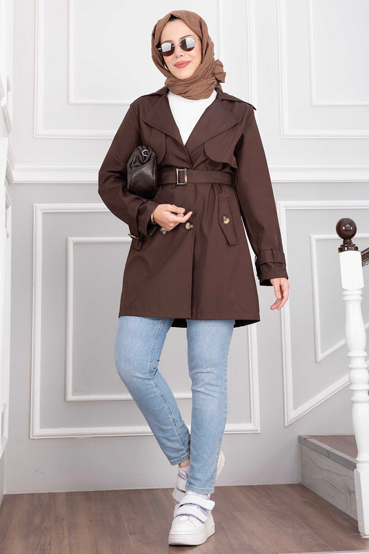 Brauner Wickelkragen Trenchcoat Mit Gürtel