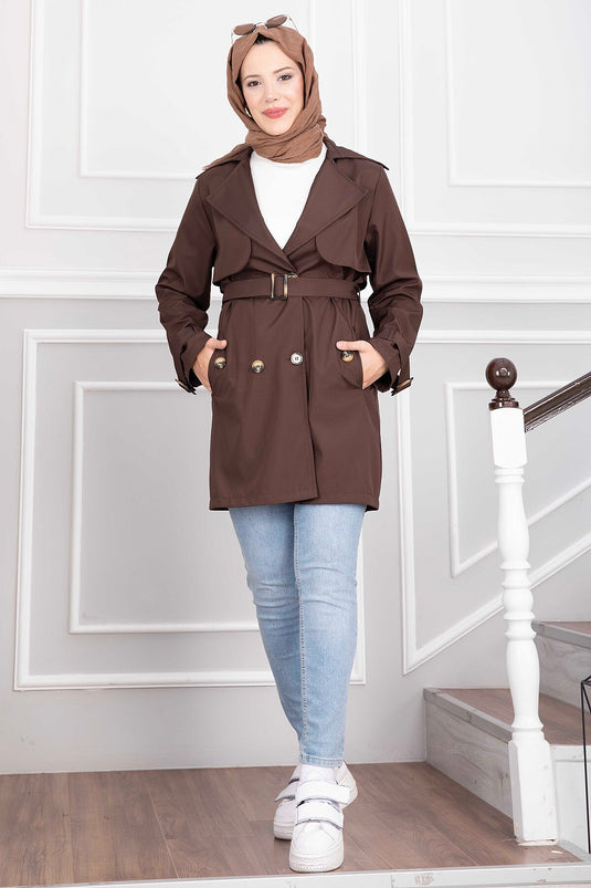 Brauner Wickelkragen Trenchcoat Mit Gürtel