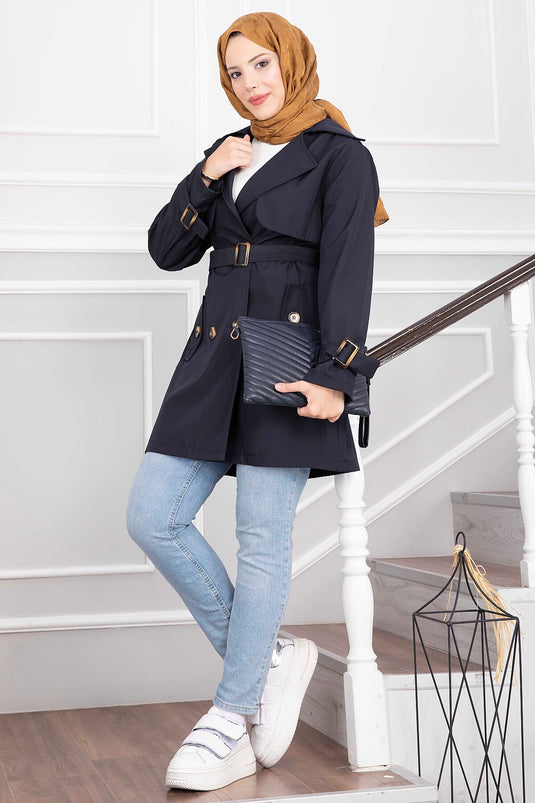 Trench Coat Blu Navy Con Collo Incrociato E Cintura