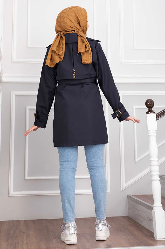 Trench Coat Blu Navy Con Collo Incrociato E Cintura