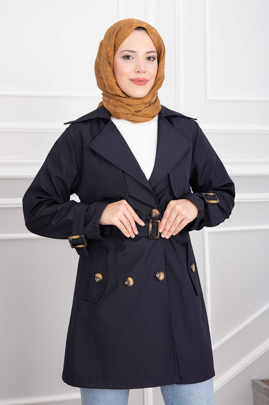 Trench Coat Blu Navy Con Collo Incrociato E Cintura