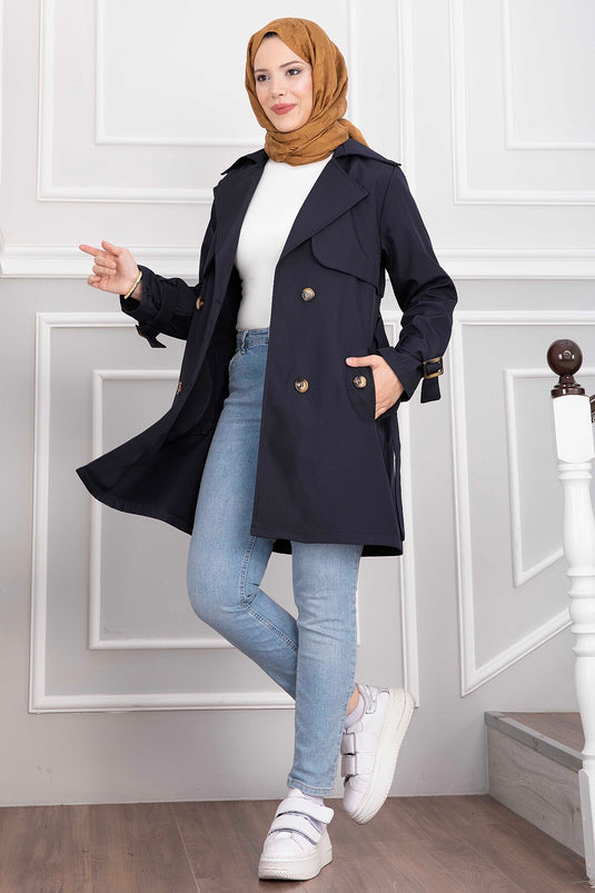 Trench Coat Blu Navy Con Collo Incrociato E Cintura