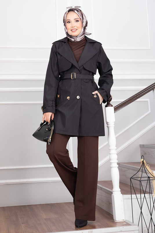 Black Wrap Collar Belted Trench Coat