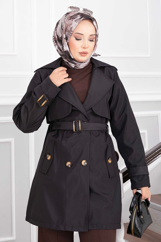 Black Wrap Collar Belted Trench Coat