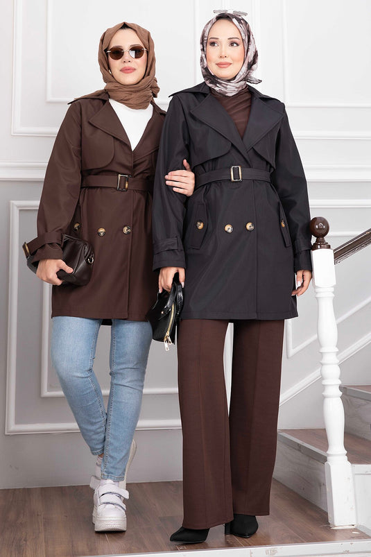 Black Wrap Collar Belted Trench Coat