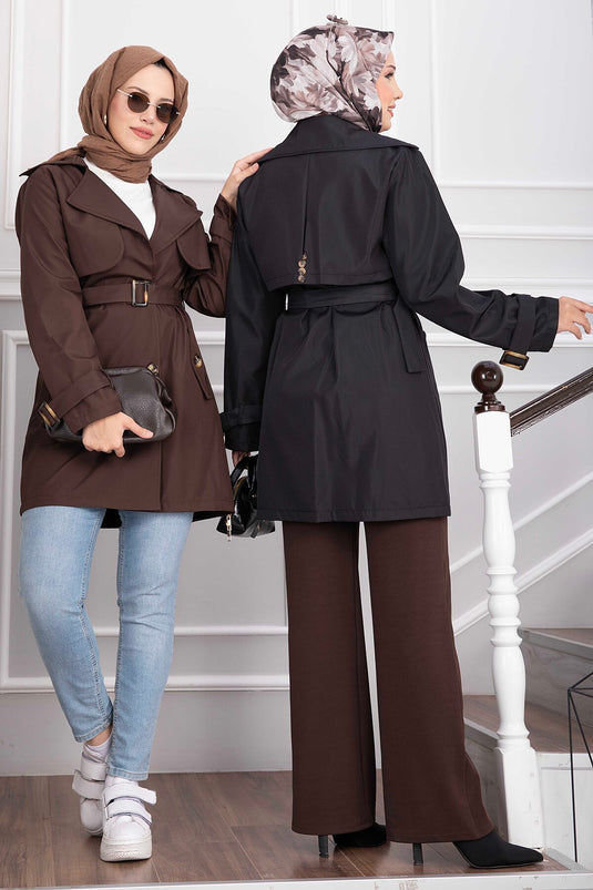 Black Wrap Collar Belted Trench Coat