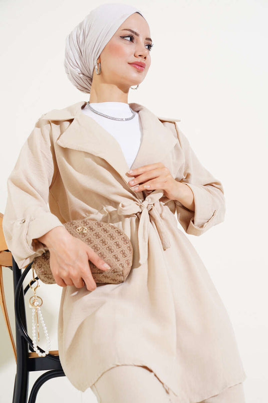 Kruvaze Yaka Keten İkili Takım Bej