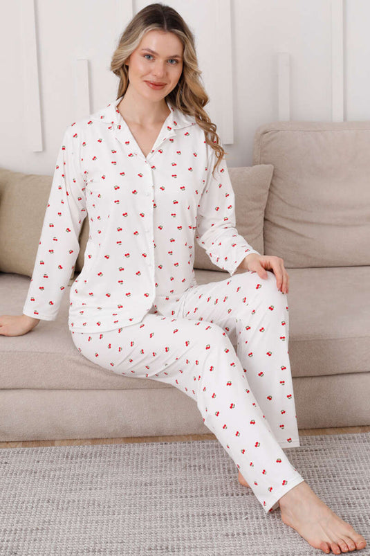 Kruvaze kraag pyjamapak met kersenborduursel wit