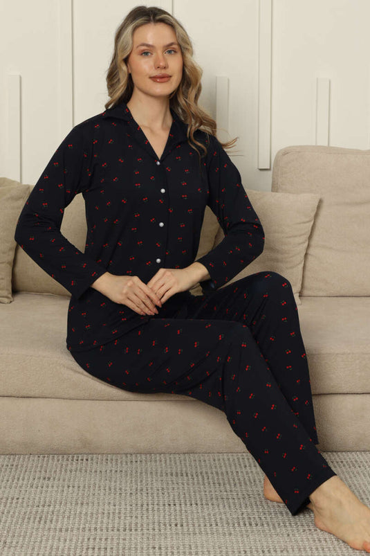 Kruvaze kraag pyjamapak met kersenborduursel donkerblauw