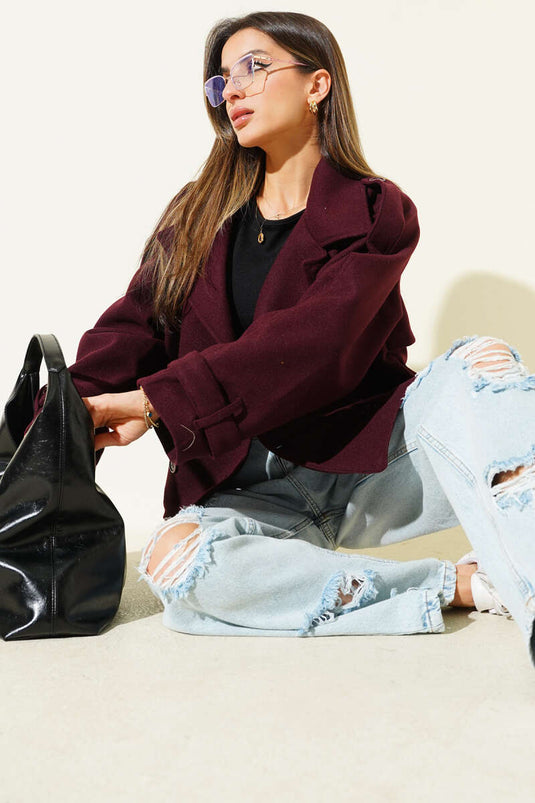 Kruvaze Yaka Kısa Kaban Mürdüm