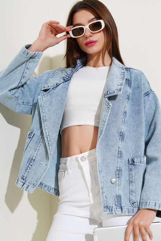 Double Breasted Short Denim Jacket Light Snow