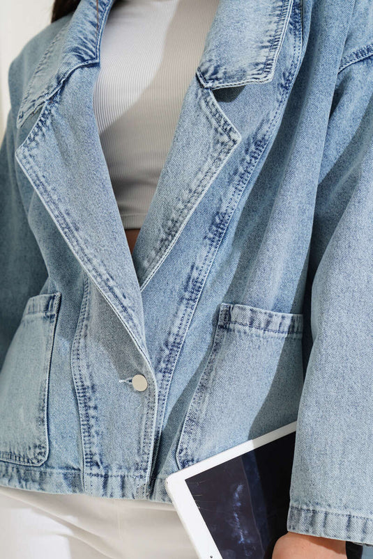 Double Breasted Short Denim Jacket Light Snow