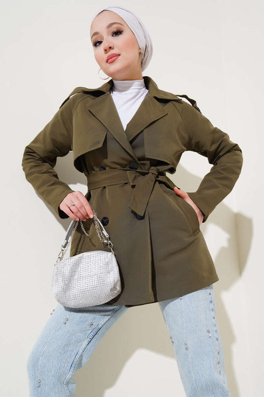 Khaki Short Trench Coat with Lapel Collar