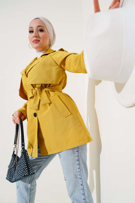 Mustard Short Trench Coat with Shawl Collar