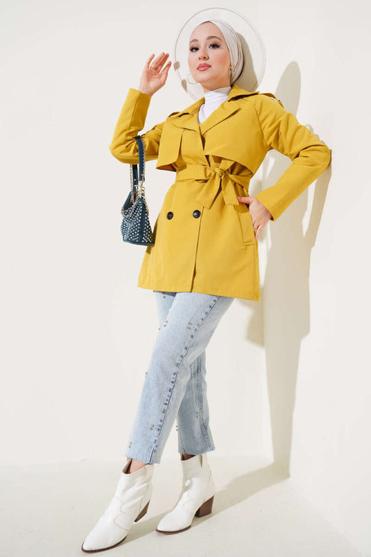 Mustard Short Trench Coat with Shawl Collar