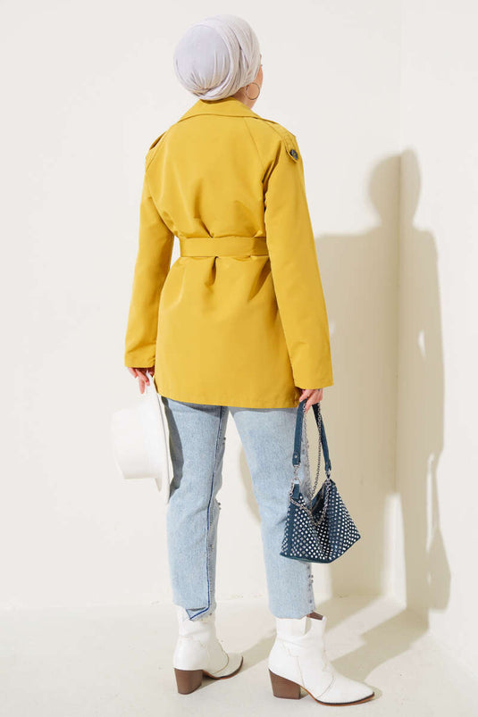 Mustard Short Trench Coat with Shawl Collar