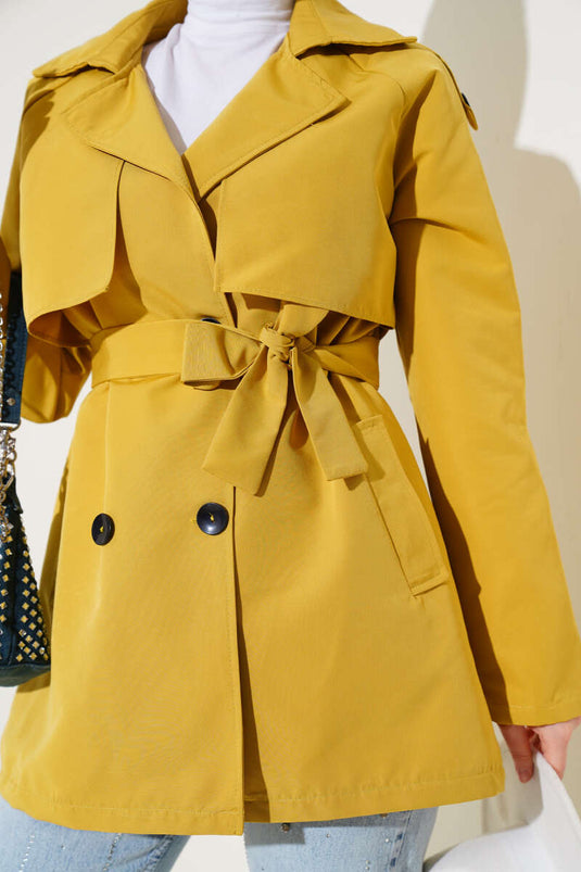 Mustard Short Trench Coat with Shawl Collar