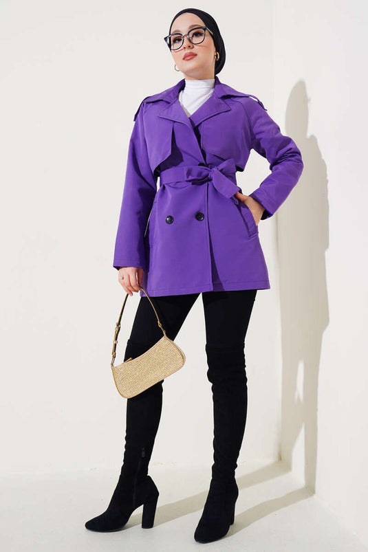 Double-breasted Short Trench Coat Purple