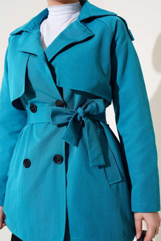 Pastel Green Double-Breasted Short Trench Coat