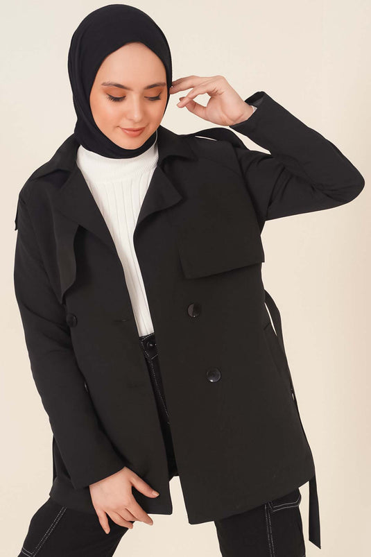 Double-Breasted Short Trench Coat Black