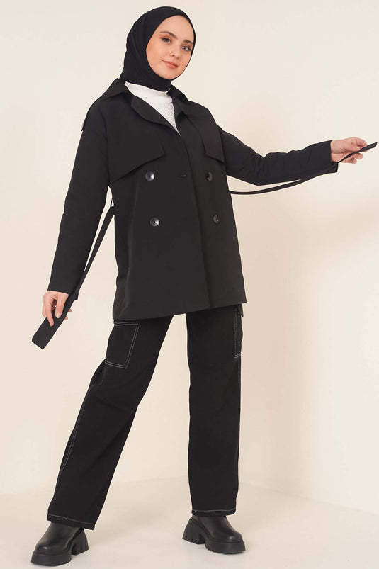 Double-Breasted Short Trench Coat Black