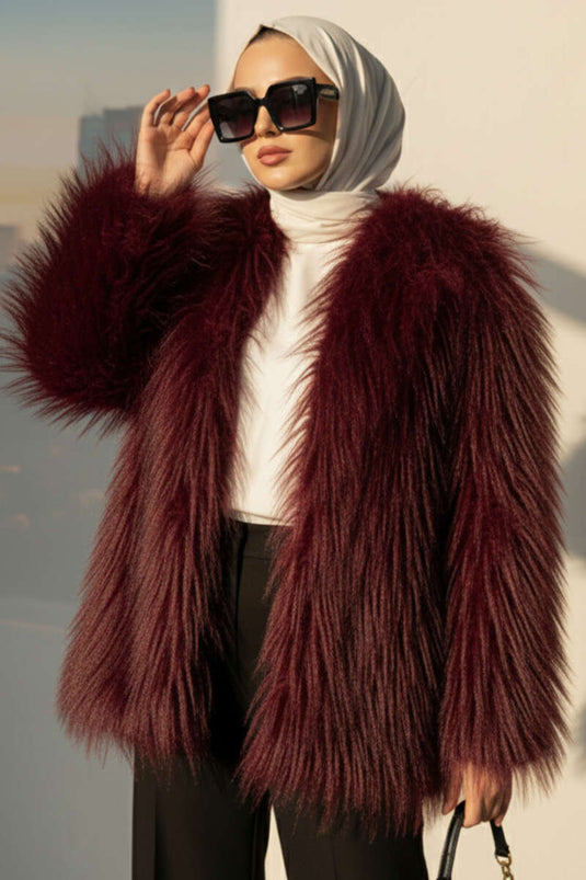 Kruvaze Yaka Kürklü Mont Bordo