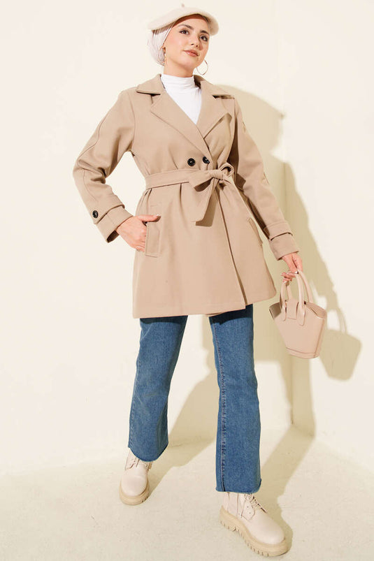 Double-Breasted Belt Detailed Short Cashmere Coat Beige