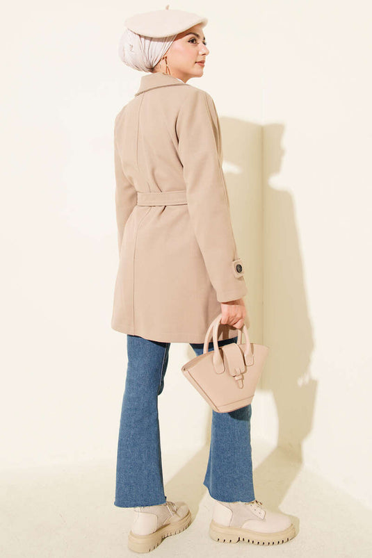 Double-Breasted Belt Detailed Short Cashmere Coat Beige