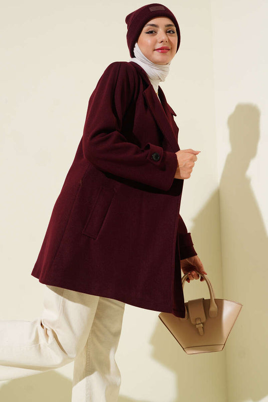 ياقة مزدوجة الصدر، تفاصيل حزام، معطف قصير من الكشمير، لون عنابي.