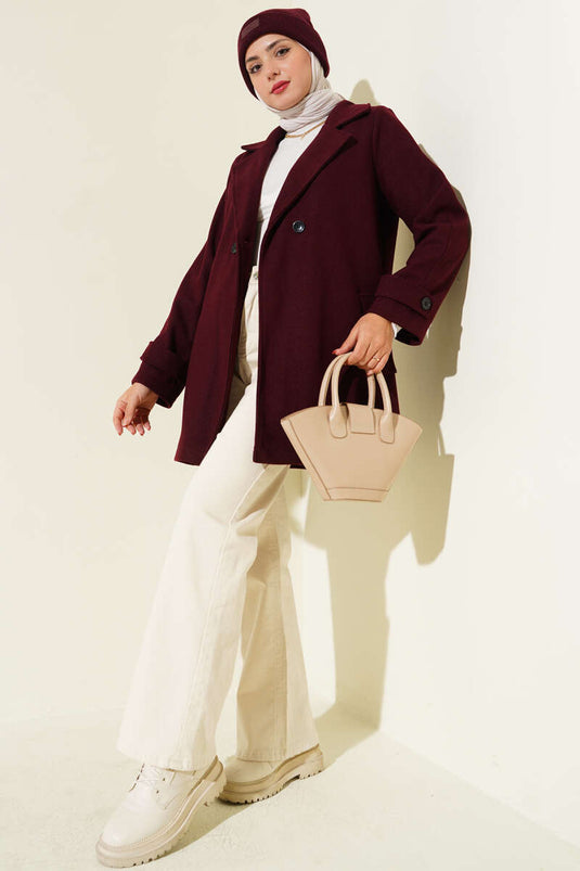 ياقة مزدوجة الصدر، تفاصيل حزام، معطف قصير من الكشمير، لون عنابي.