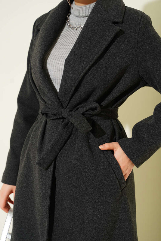 Kruvaze Yaka Kuşaklı Astarlı Kaban Antrasit