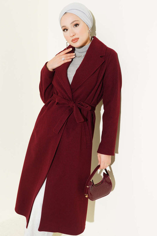 Kruvaze Yaka Kuşaklı Astarlı Kaban Bordo
