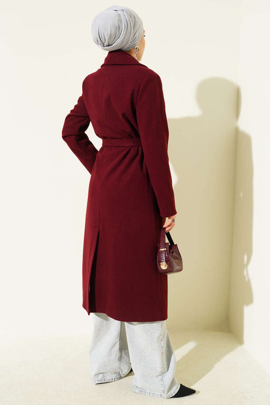 Kruvaze Yaka Kuşaklı Astarlı Kaban Bordo
