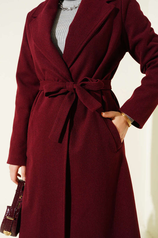 Kruvaze Yaka Kuşaklı Astarlı Kaban Bordo