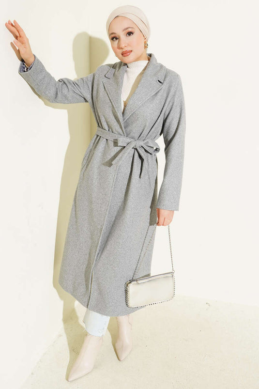 Kruvaze Yaka Kuşaklı Astarlı Kaban Gri