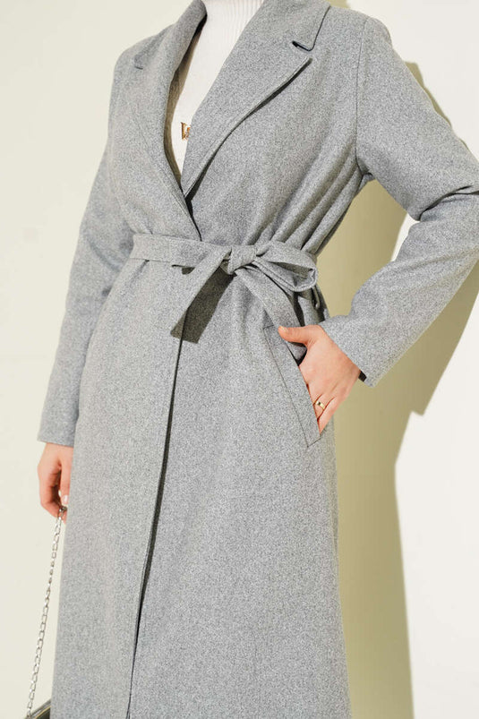 Kruvaze Yaka Kuşaklı Astarlı Kaban Gri