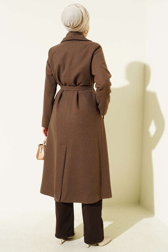 Kruvaze Yaka Kuşaklı Astarlı Kaban Kahve