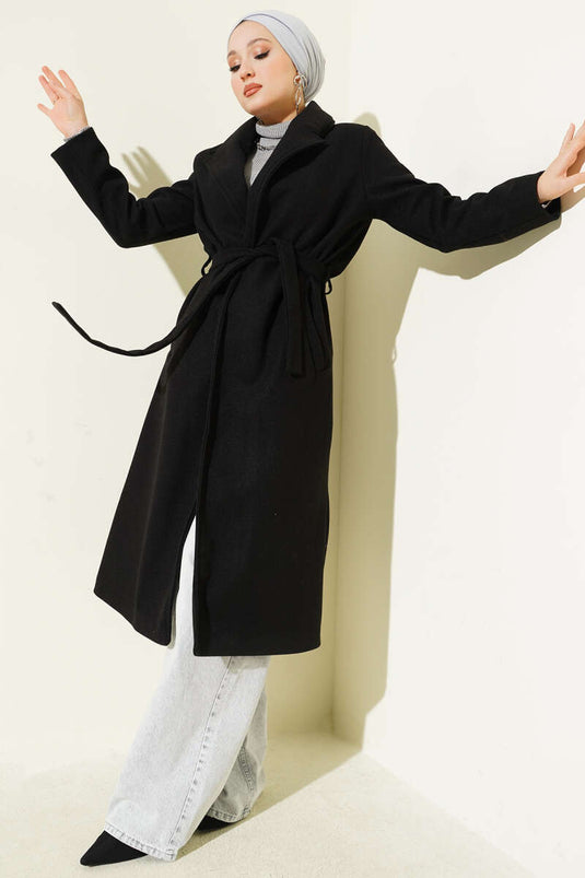 Kruvaze Yaka Kuşaklı Astarlı Kaban Siyah