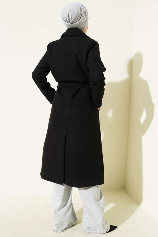 Kruvaze Yaka Kuşaklı Astarlı Kaban Siyah