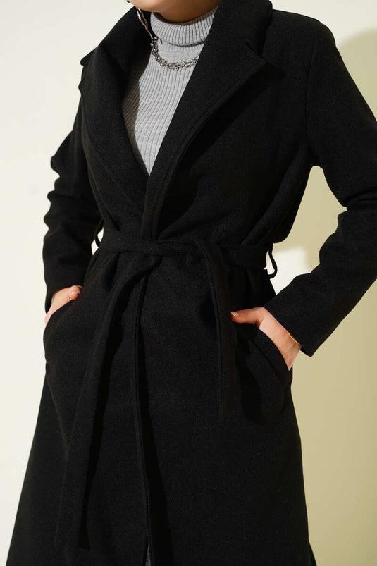 Kruvaze Yaka Kuşaklı Astarlı Kaban Siyah