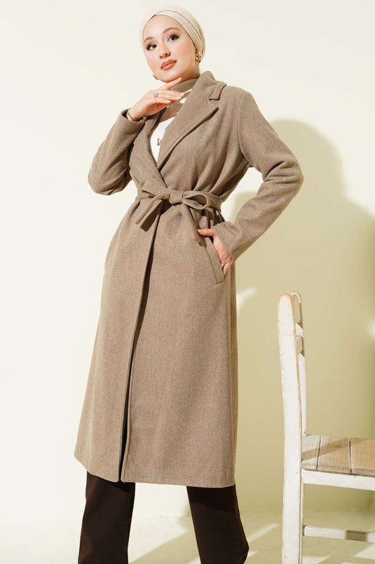 Kruvaze Yaka Kuşaklı Astarlı Kaban Vizon