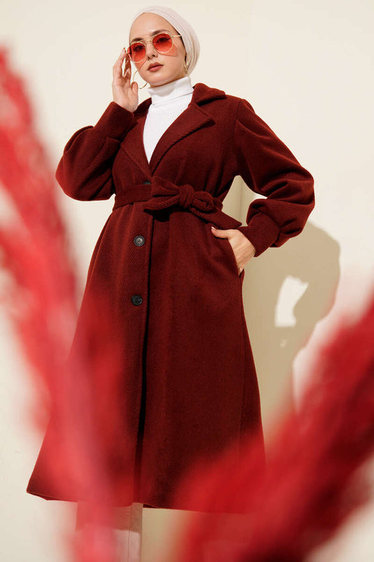 Kruvaze Yaka Kuşaklı Astarlı Kaşe Kaban Bordo