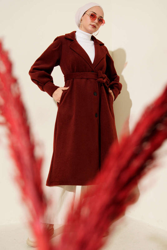 Double-Breasted Belted Lined Cashmere Coat Burgundy