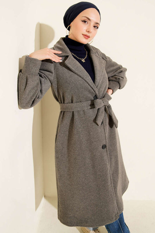 معطف كشمير مزدوج الصدر مبطن بحزام باللون الدخاني