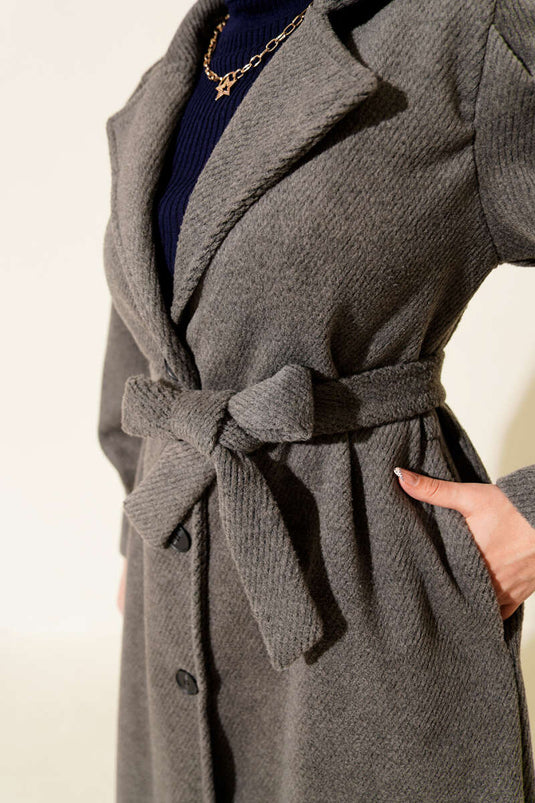 معطف كشمير مزدوج الصدر مبطن بحزام باللون الدخاني