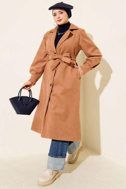 معطف كشمير مزدوج الصدر مبطن بحزام باللون الدخاني