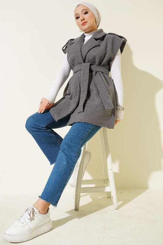 Double-Breasted Belted Boucle Vest Gray