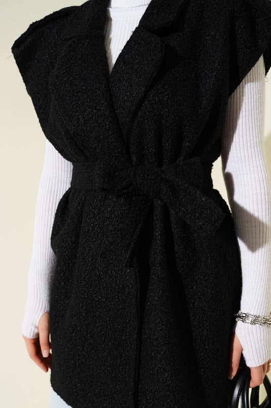 Chaleco de bouclé con cinturón y doble botonadura, negro